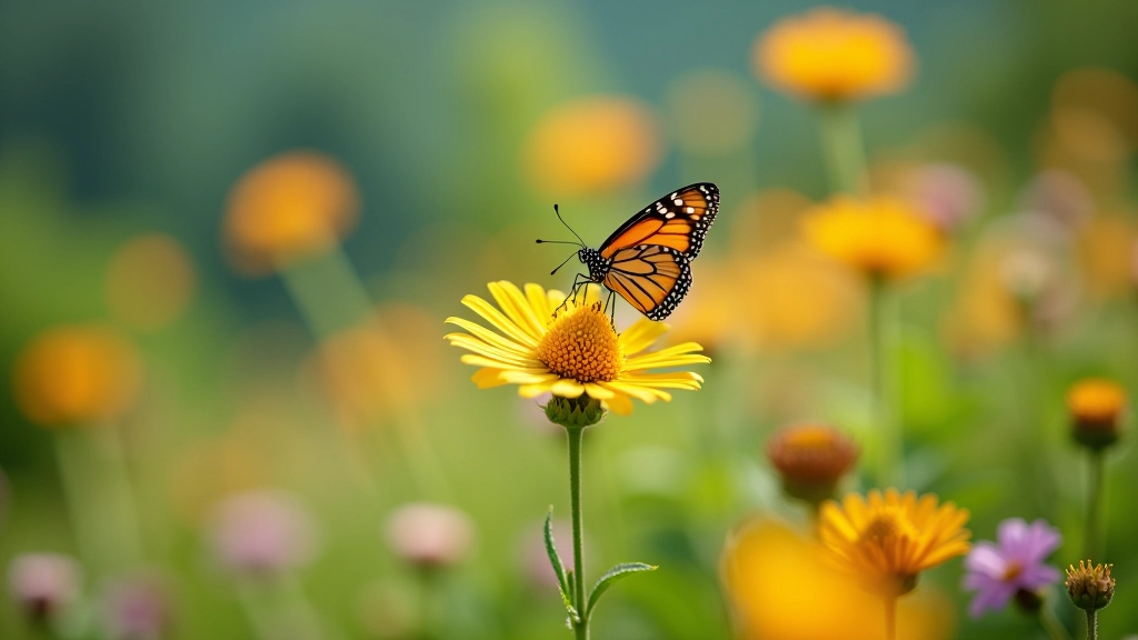 Dettaglio di fiori selvatici e piante botaniche in un giardino, macro fotografia con farfalle, biodiversità naturale