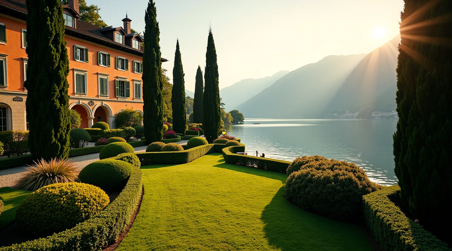 Villa storica con giardino all'italiana affacciato sul Lago di Como, cipressi monumentali e architettura rinascimentale al tramonto