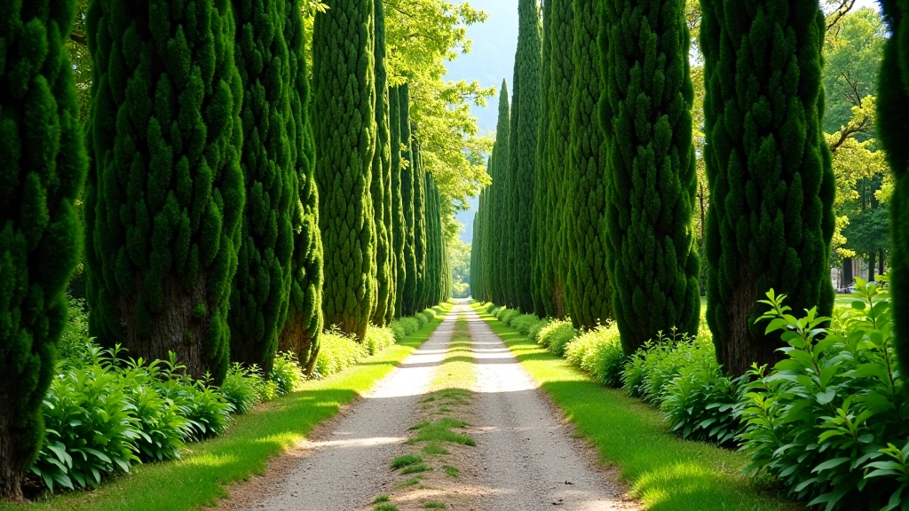 Viale di cipressi naturale e selvaggio, alberi di diversa altezza, vegetazione rigogliosa intorno, sentiero in terra, luce soffusa, atmosfera bosco