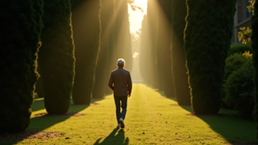 Persona che cammina lentamente in un viale di cipressi, vista da dietro, postura tranquilla e consapevole, luce filtrata tra gli alberi, atmosfera meditativa