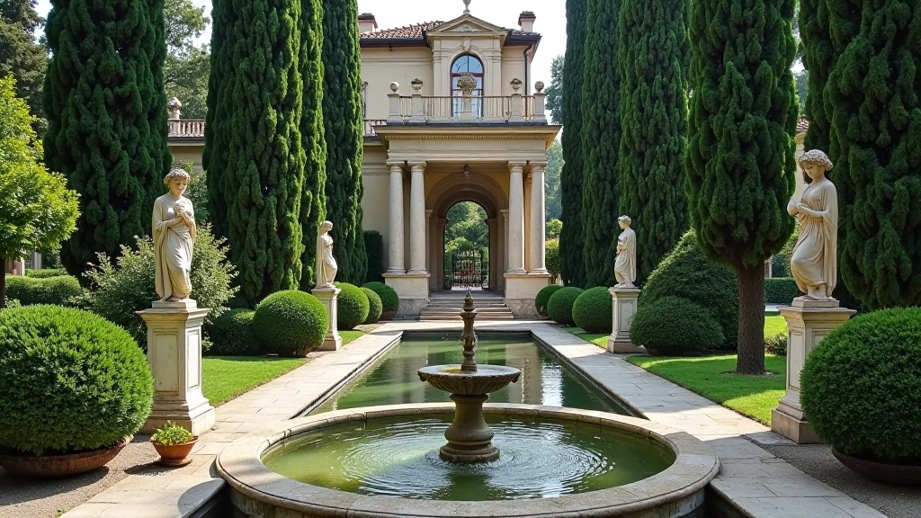 Dettagli architettonici di fontana rinascimentale con sculture e colonne, pietra invecchiata, acqua che scorre delicatamente