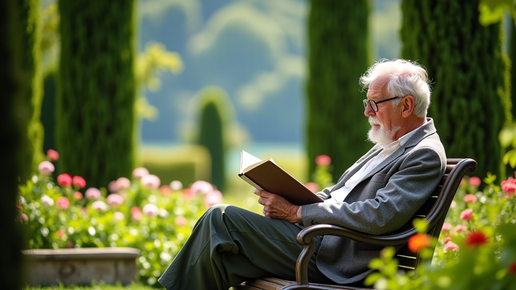 Anziano che legge un libro seduto su una panchina in giardino, circondato da fiori e verde, luce naturale